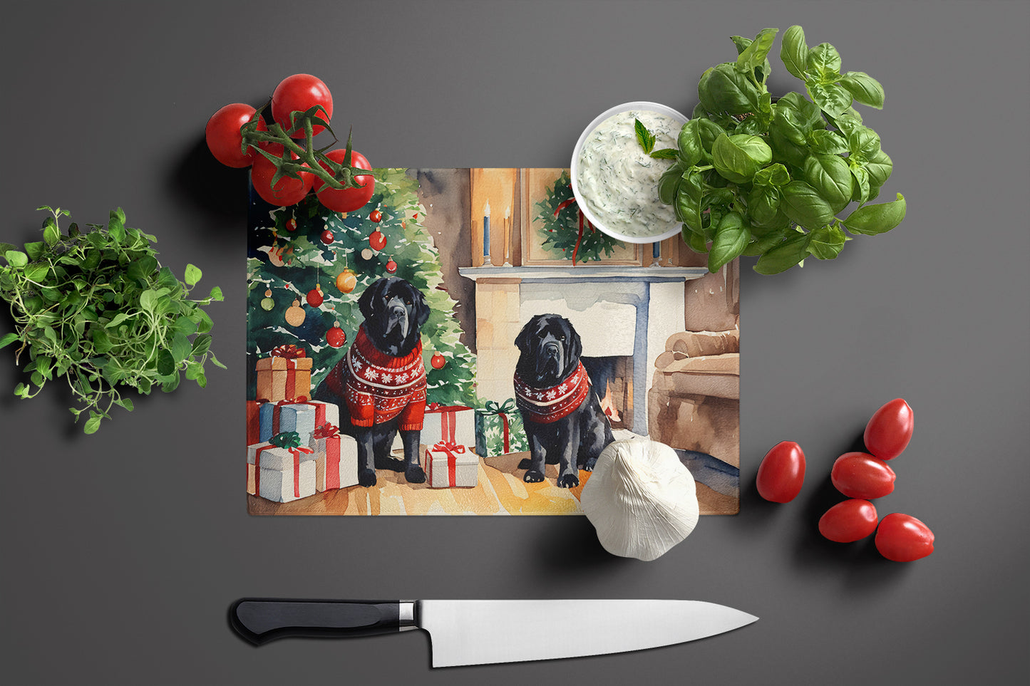 Tibetan Mastiff Cozy Christmas Glass Cutting Board