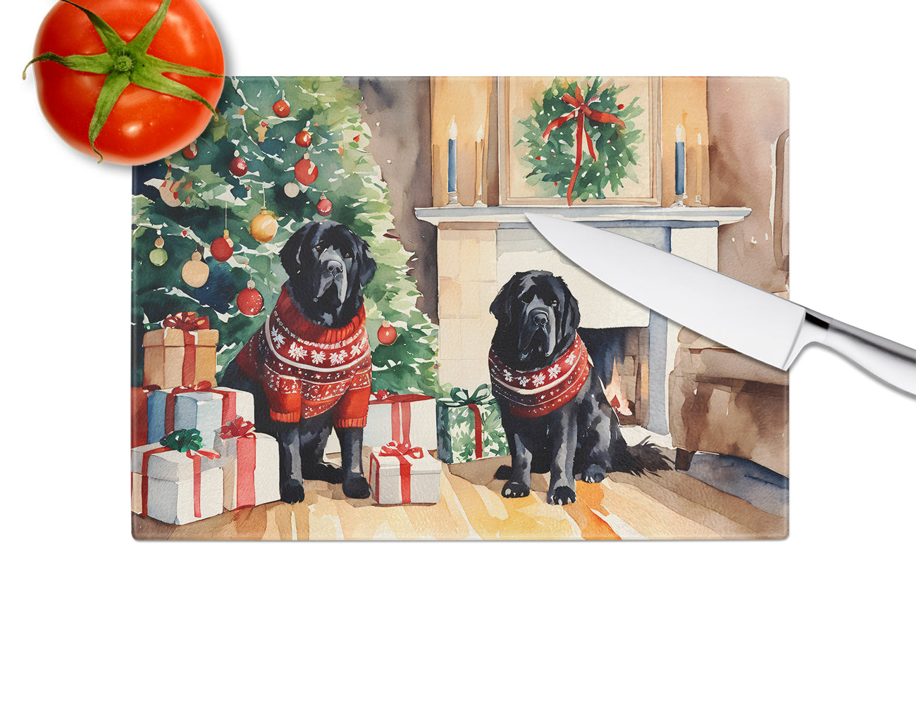 Tibetan Mastiff Cozy Christmas Glass Cutting Board