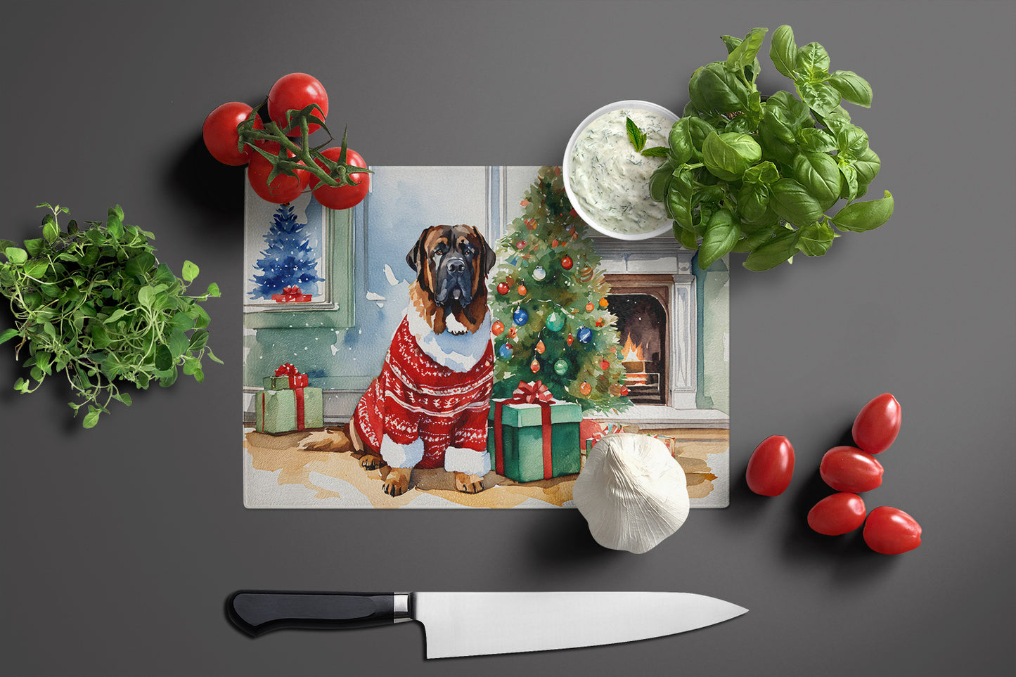 Tibetan Mastiff Cozy Christmas Glass Cutting Board