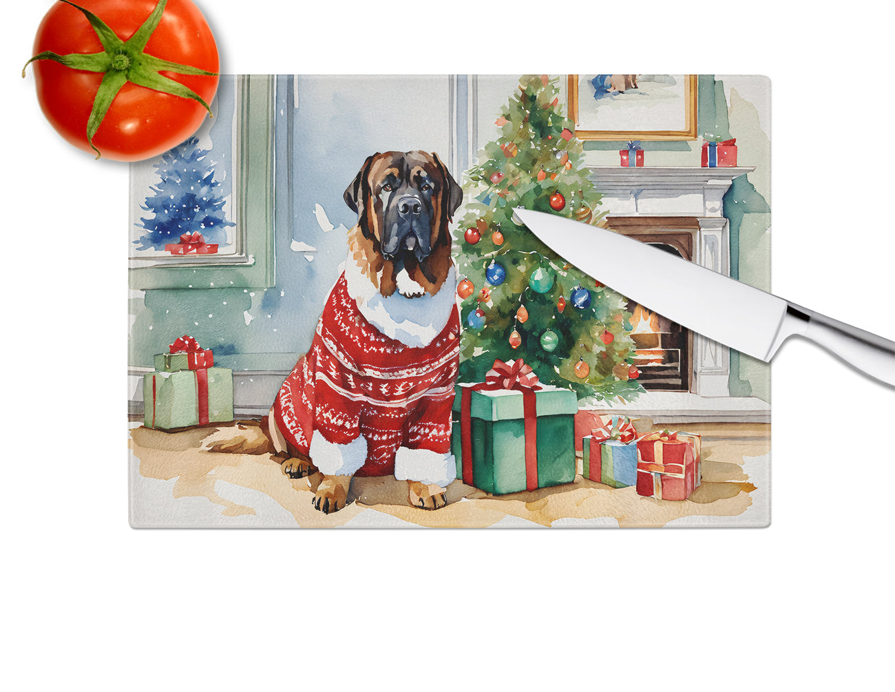 Tibetan Mastiff Cozy Christmas Glass Cutting Board