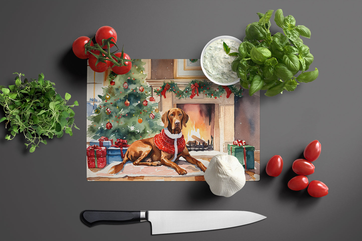 Vizsla Cozy Christmas Glass Cutting Board