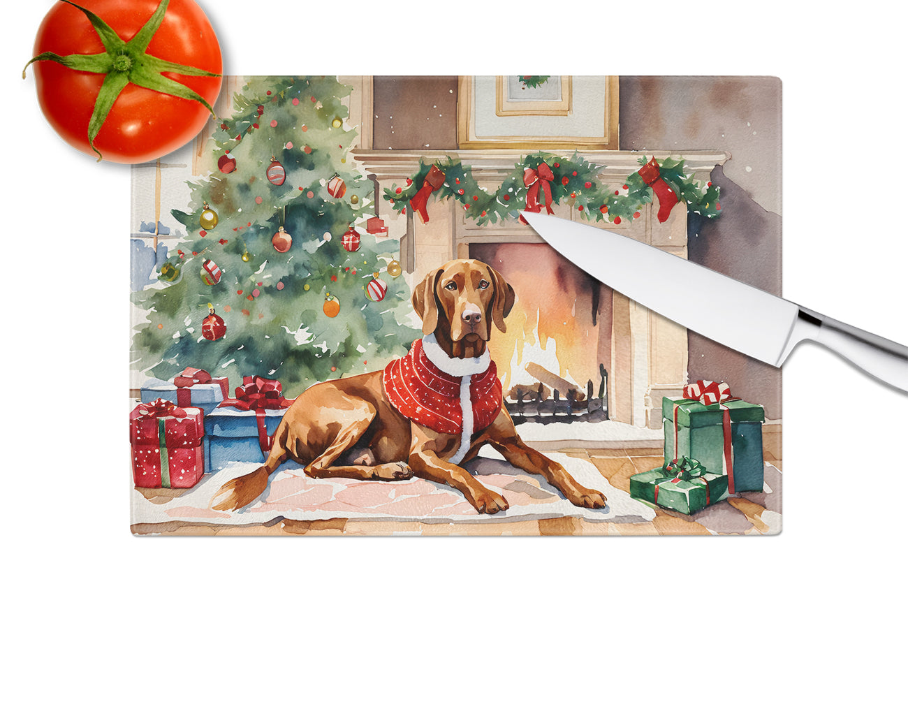 Vizsla Cozy Christmas Glass Cutting Board