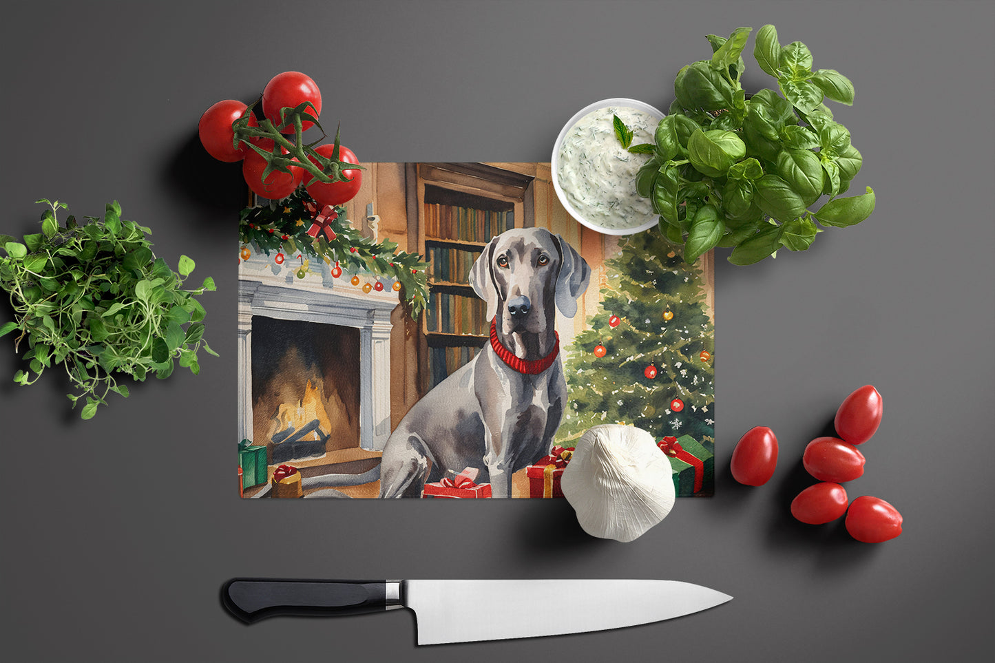 Weimaraner Cozy Christmas Glass Cutting Board