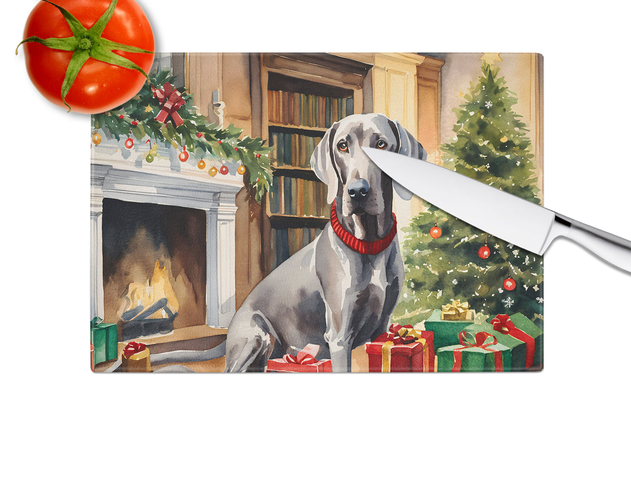 Weimaraner Cozy Christmas Glass Cutting Board