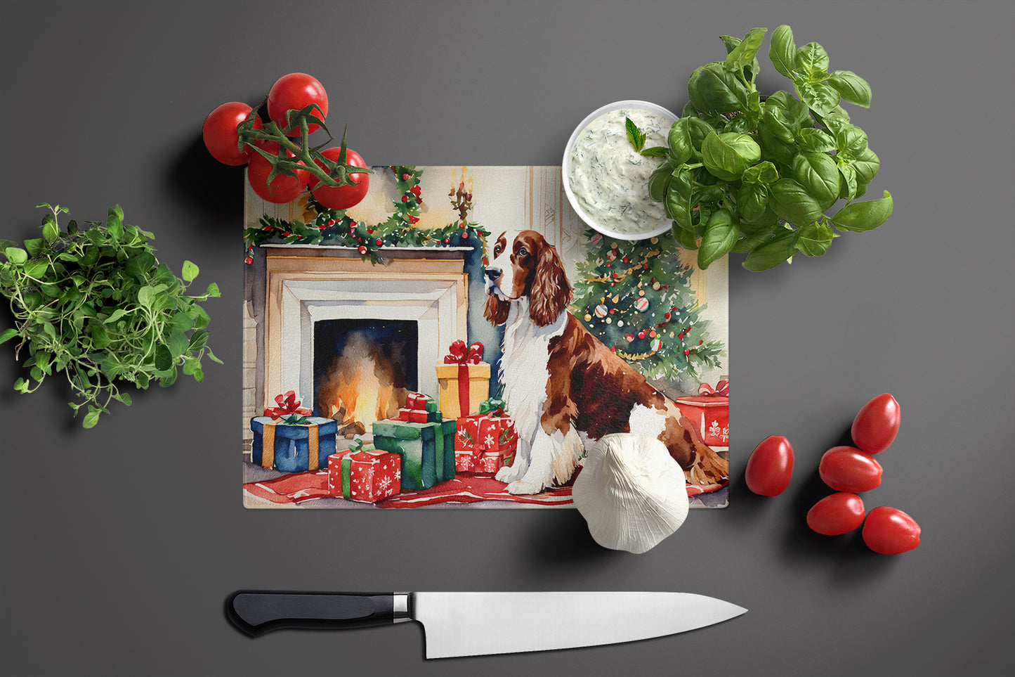 Welsh Springer Spaniel Cozy Christmas Glass Cutting Board