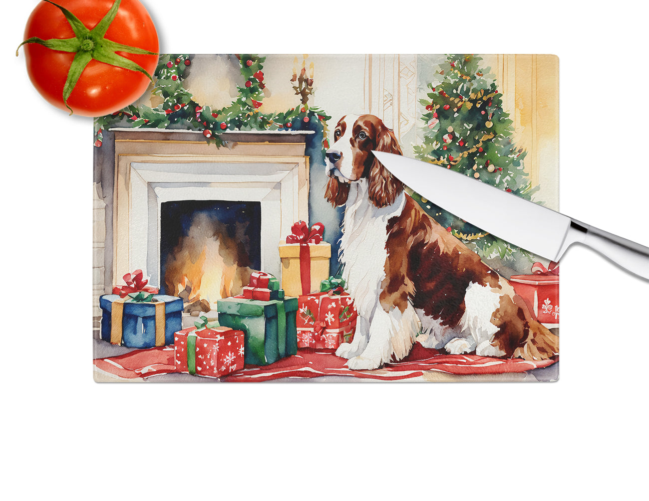 Welsh Springer Spaniel Cozy Christmas Glass Cutting Board