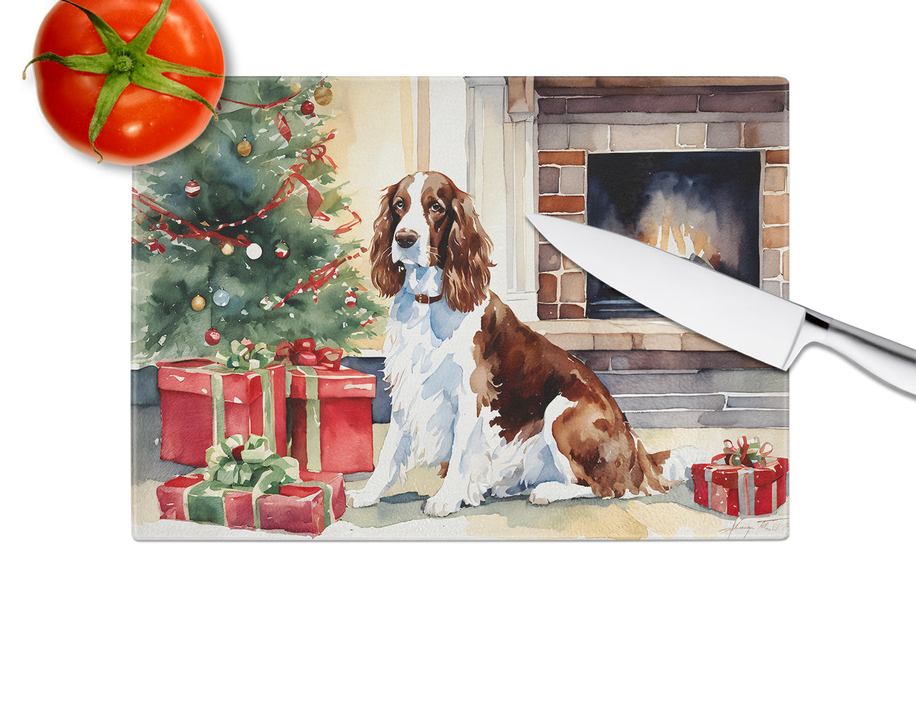 Welsh Springer Spaniel Cozy Christmas Glass Cutting Board