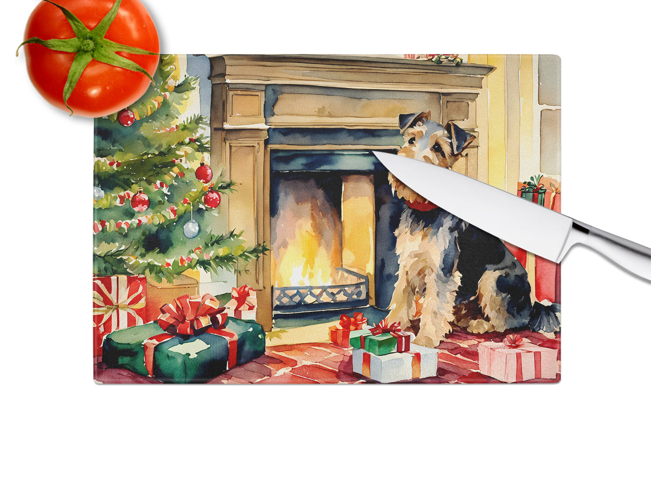 Welsh Terrier Cozy Christmas Glass Cutting Board