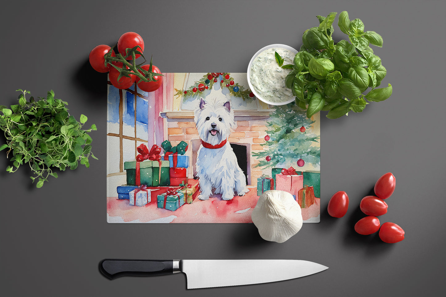 Westie Cozy Christmas Glass Cutting Board