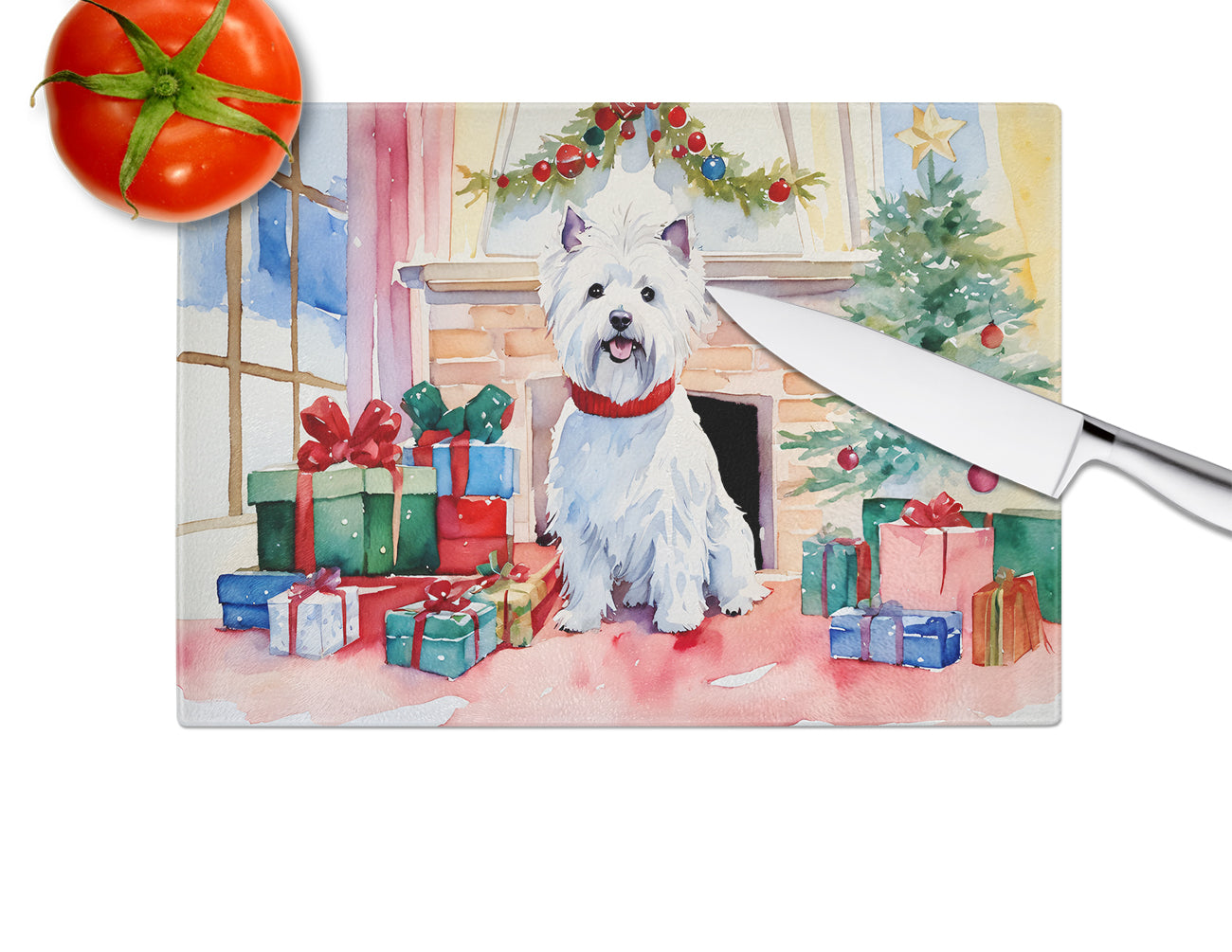 Westie Cozy Christmas Glass Cutting Board