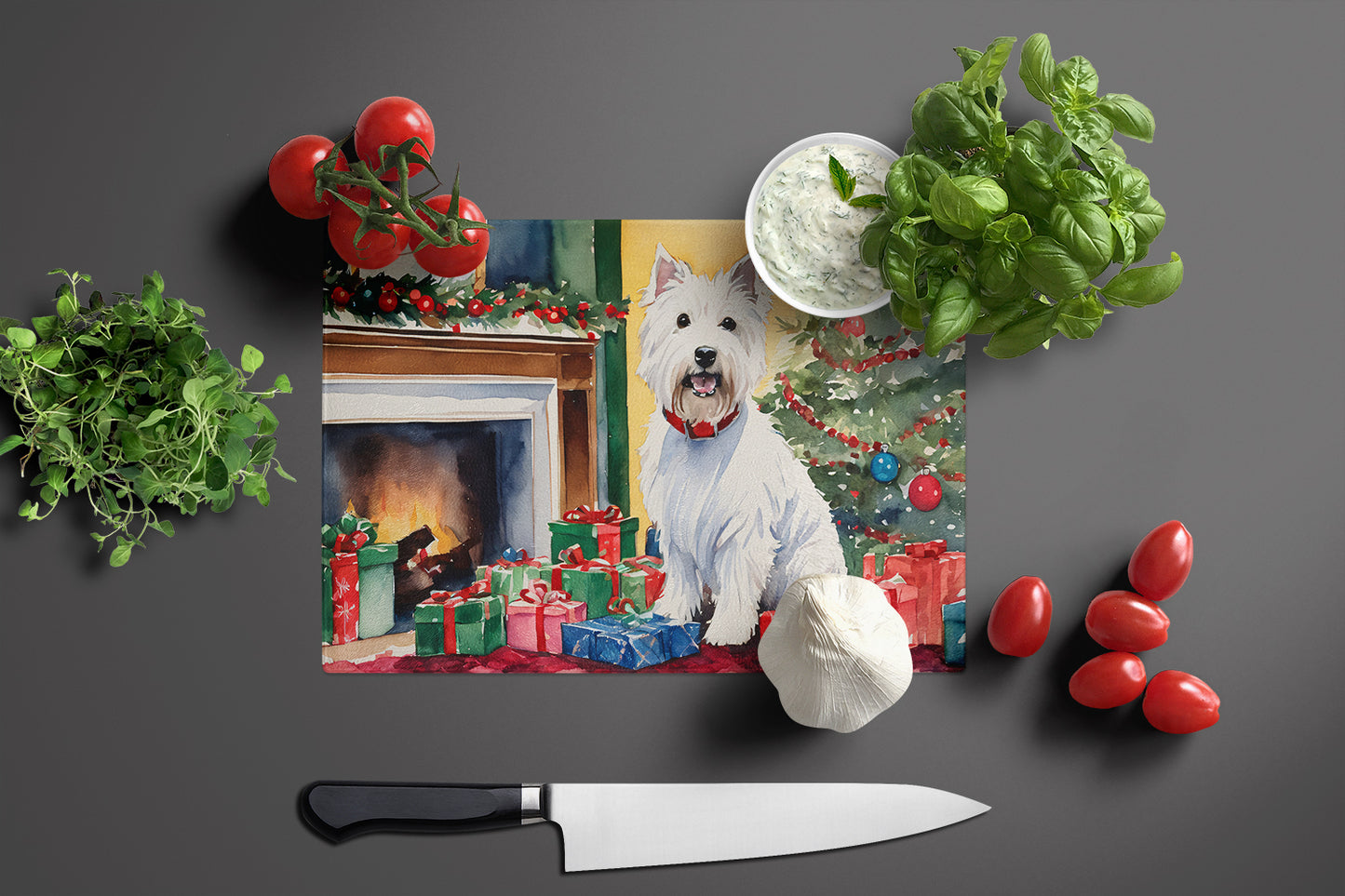 Westie Cozy Christmas Glass Cutting Board