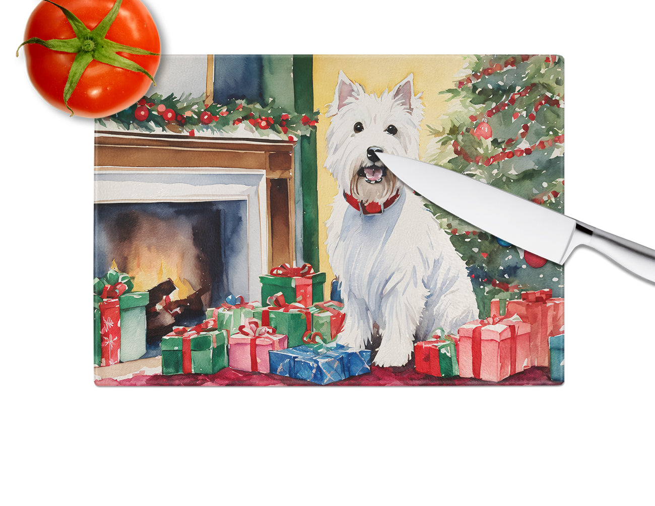 Westie Cozy Christmas Glass Cutting Board