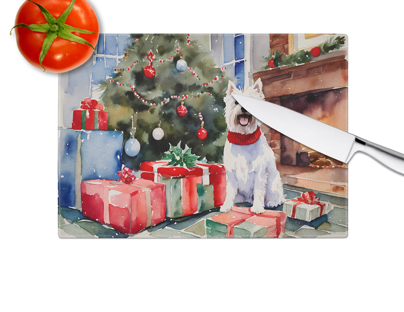 Westie Cozy Christmas Glass Cutting Board