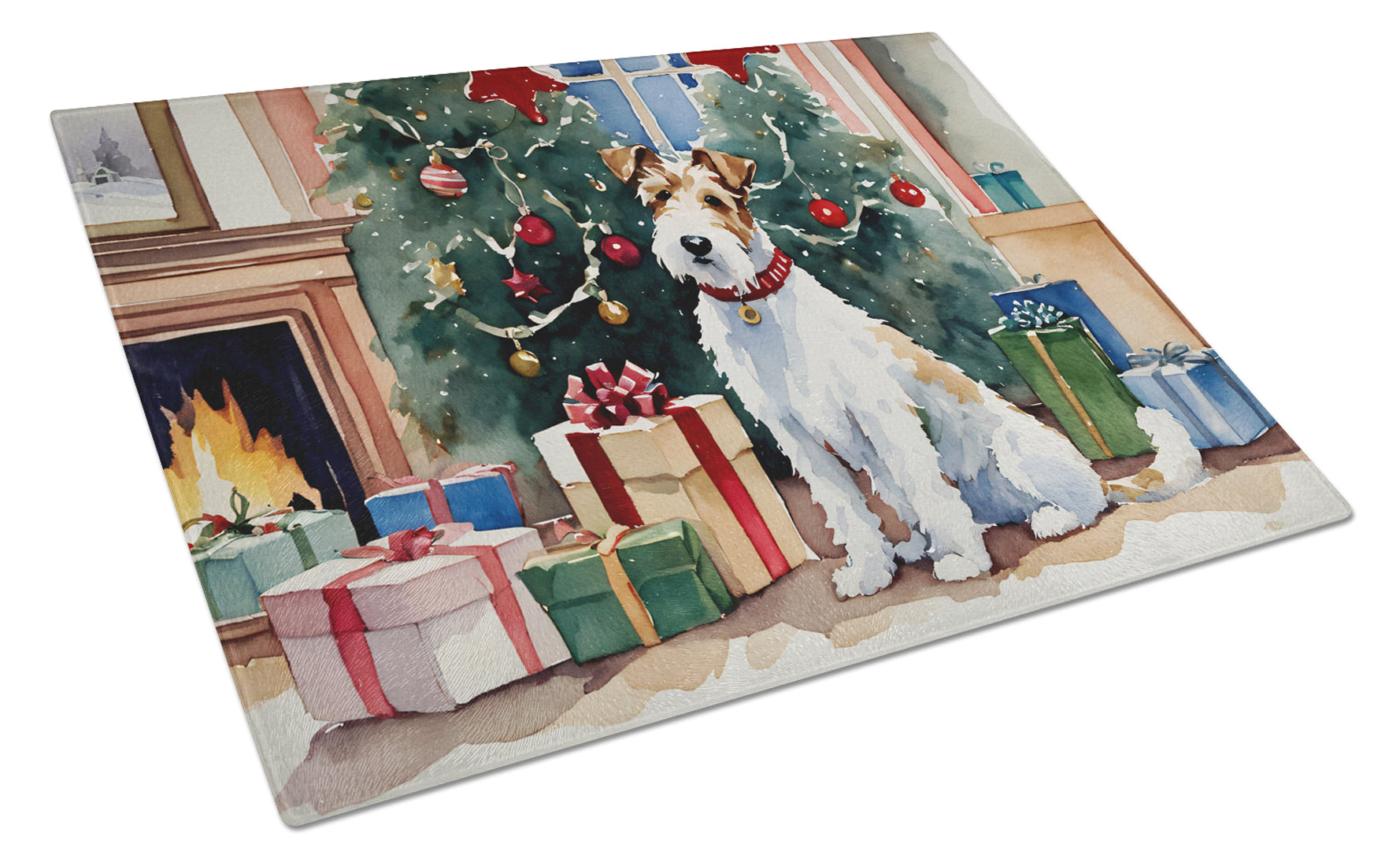 Buy this Fox Terrier Cozy Christmas Glass Cutting Board