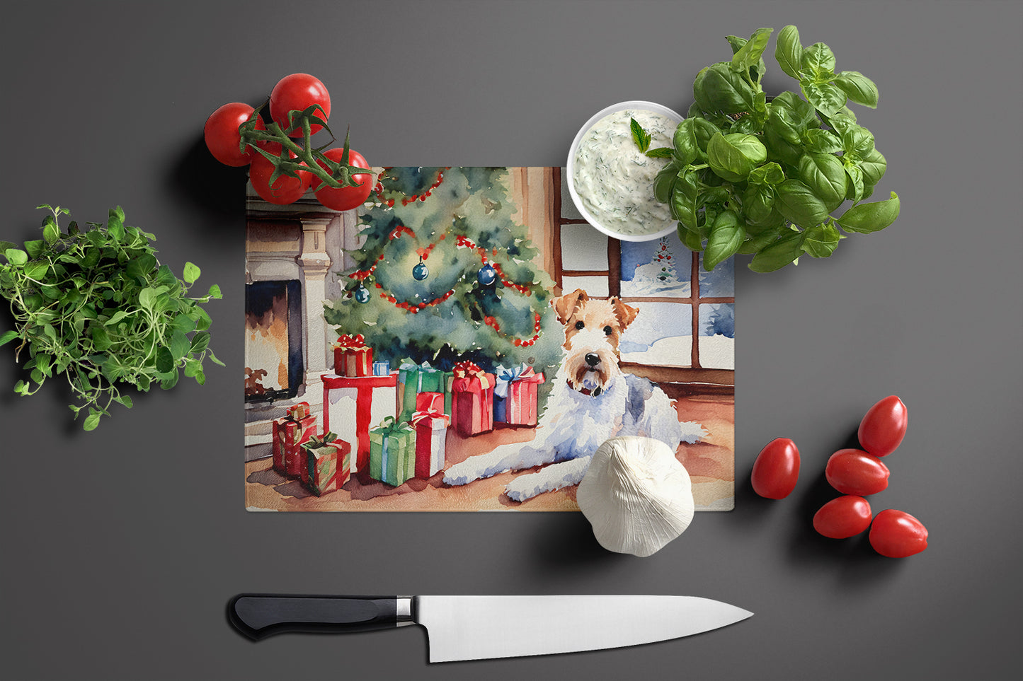 Fox Terrier Cozy Christmas Glass Cutting Board