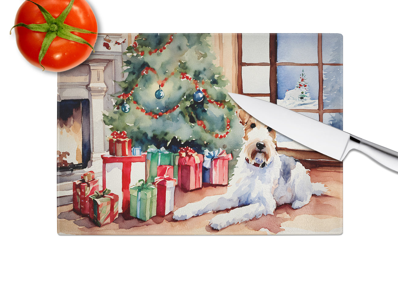 Fox Terrier Cozy Christmas Glass Cutting Board