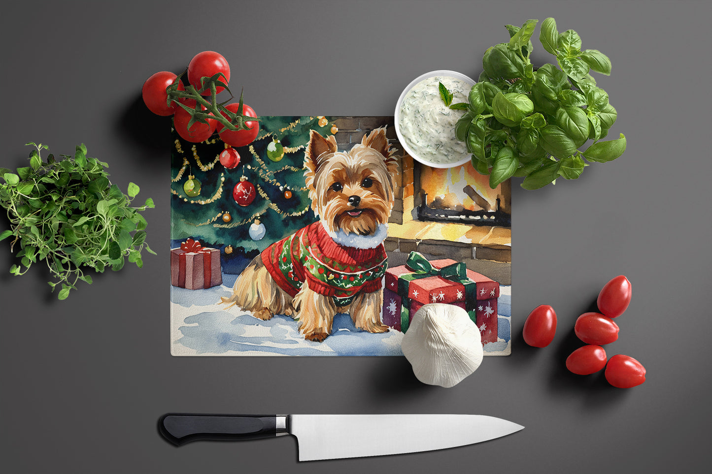 Yorkshire Terrier Cozy Christmas Glass Cutting Board