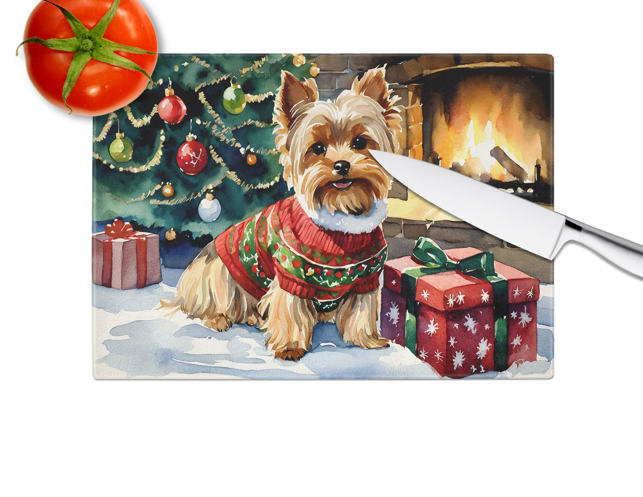 Yorkshire Terrier Cozy Christmas Glass Cutting Board