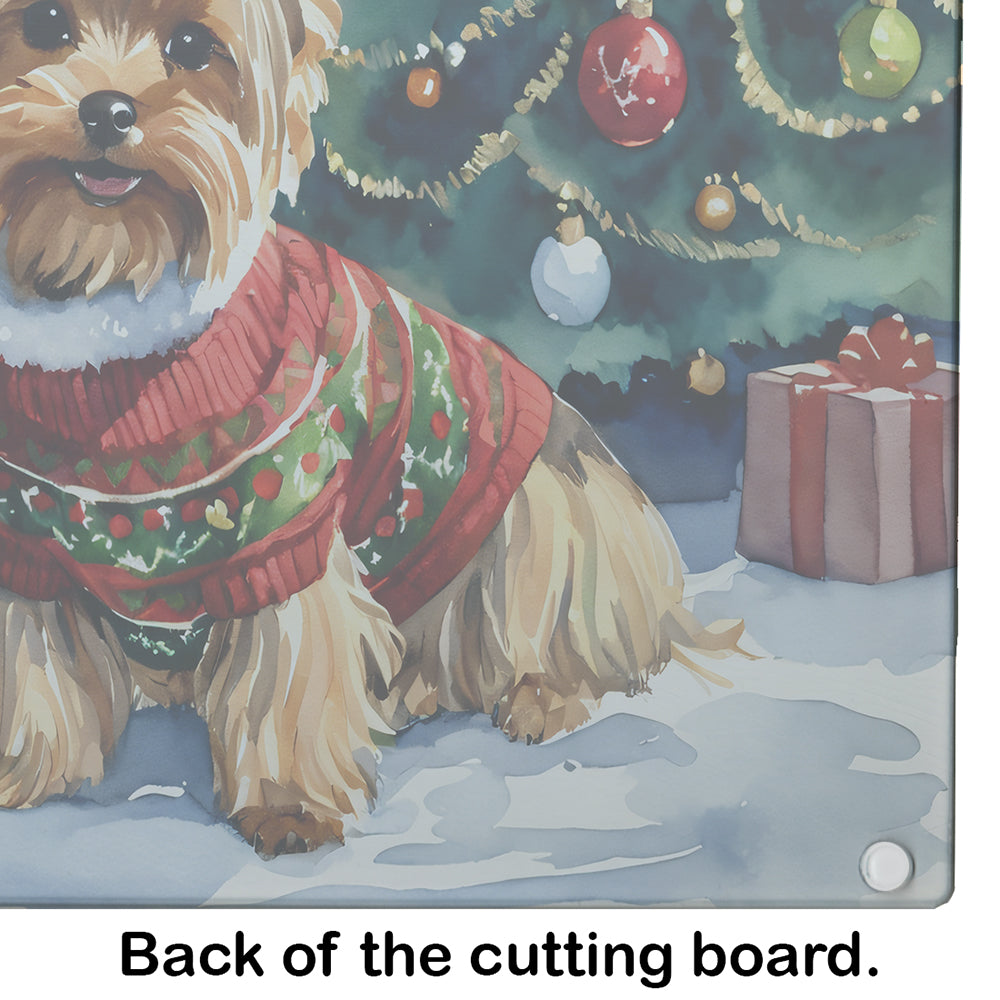 Yorkshire Terrier Cozy Christmas Glass Cutting Board