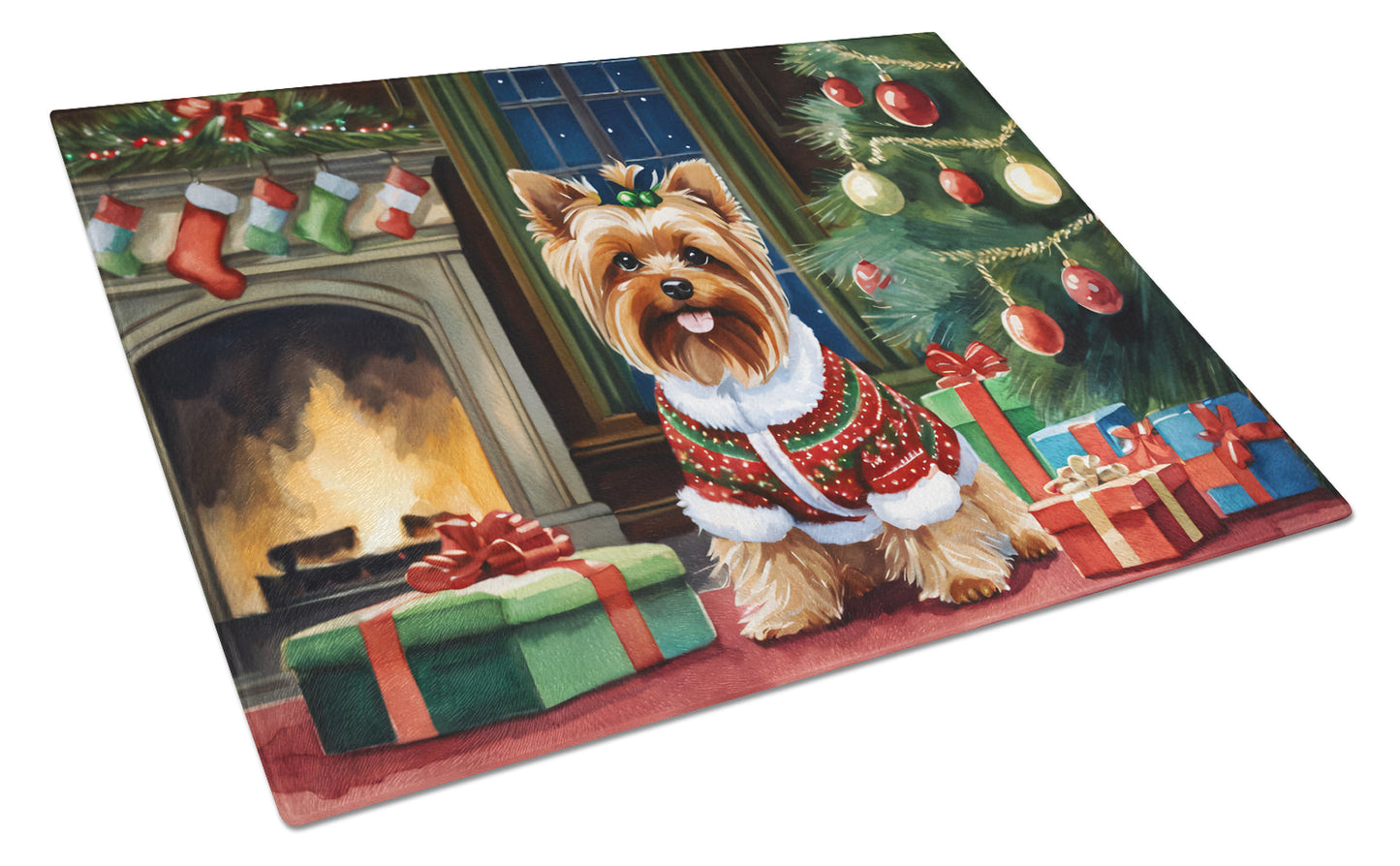 Buy this Yorkshire Terrier Cozy Christmas Glass Cutting Board