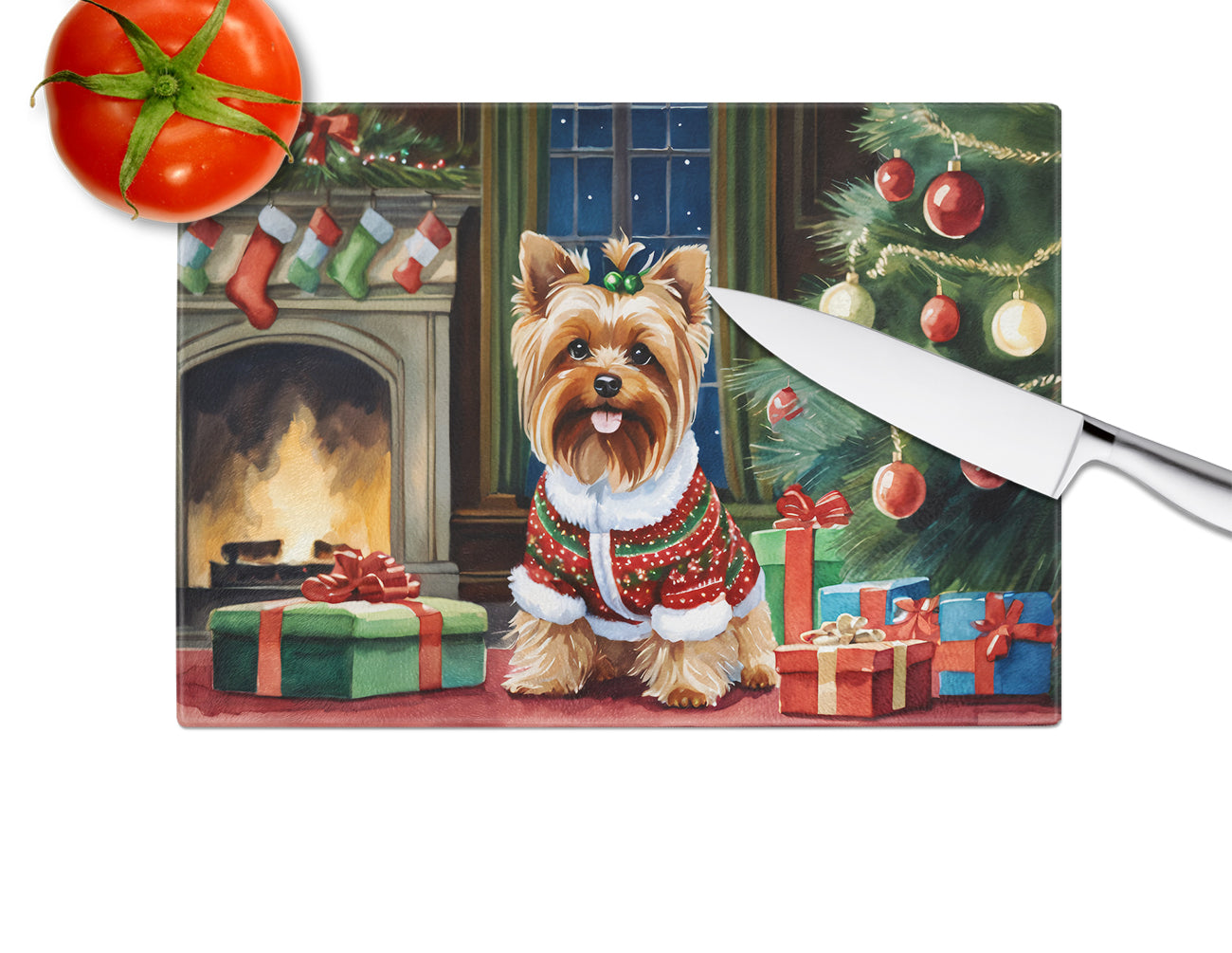 Yorkshire Terrier Cozy Christmas Glass Cutting Board