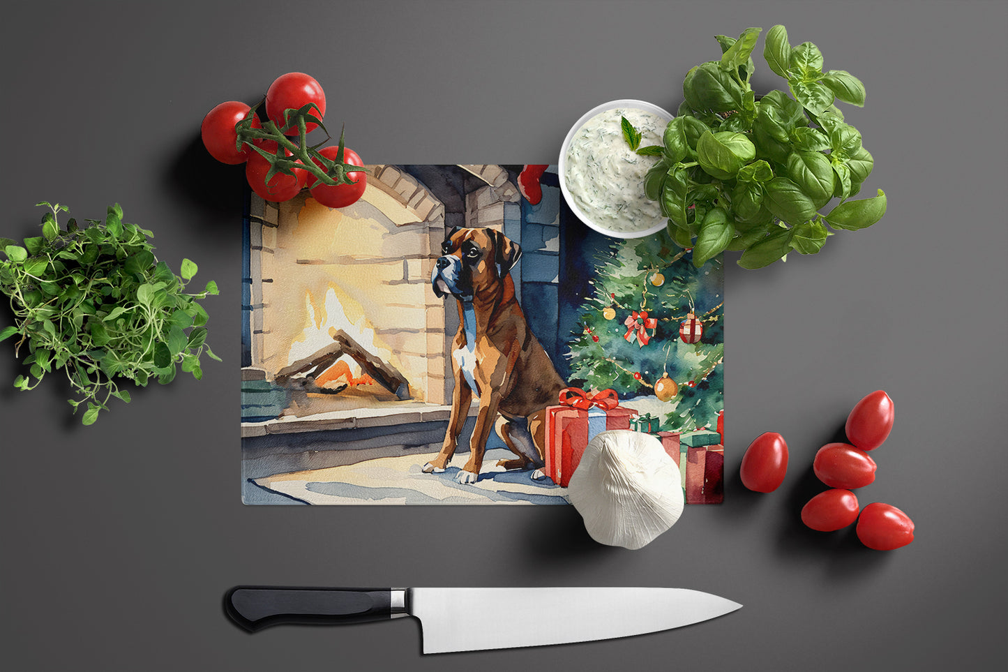 Boxer Cozy Christmas Glass Cutting Board