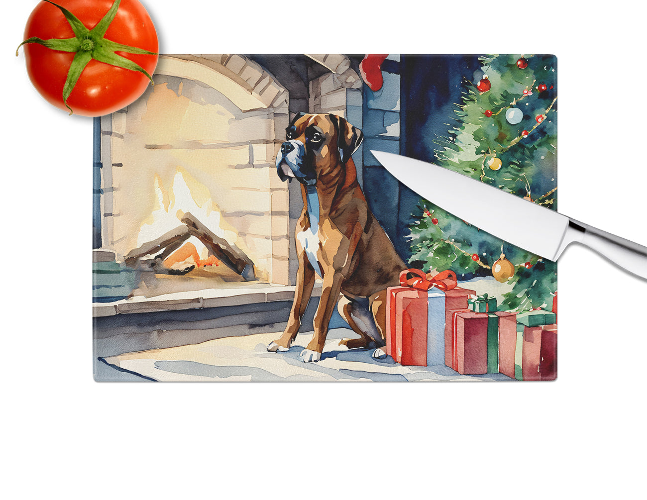 Boxer Cozy Christmas Glass Cutting Board