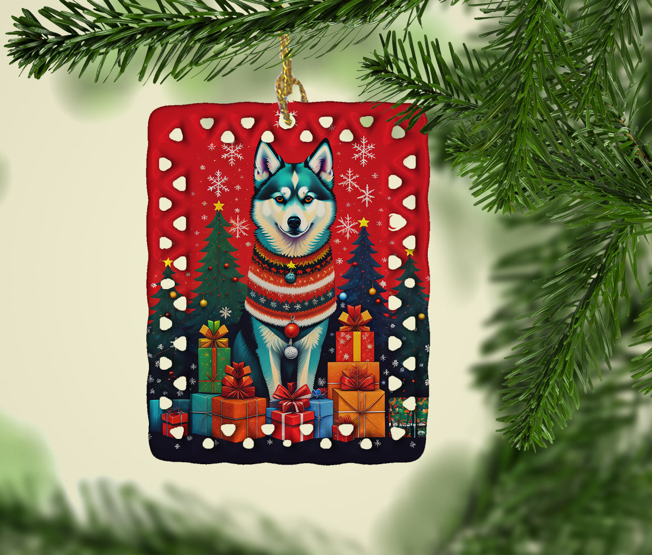 Alaskan Klee Kai Holiday Christmas Porcelain Ornament