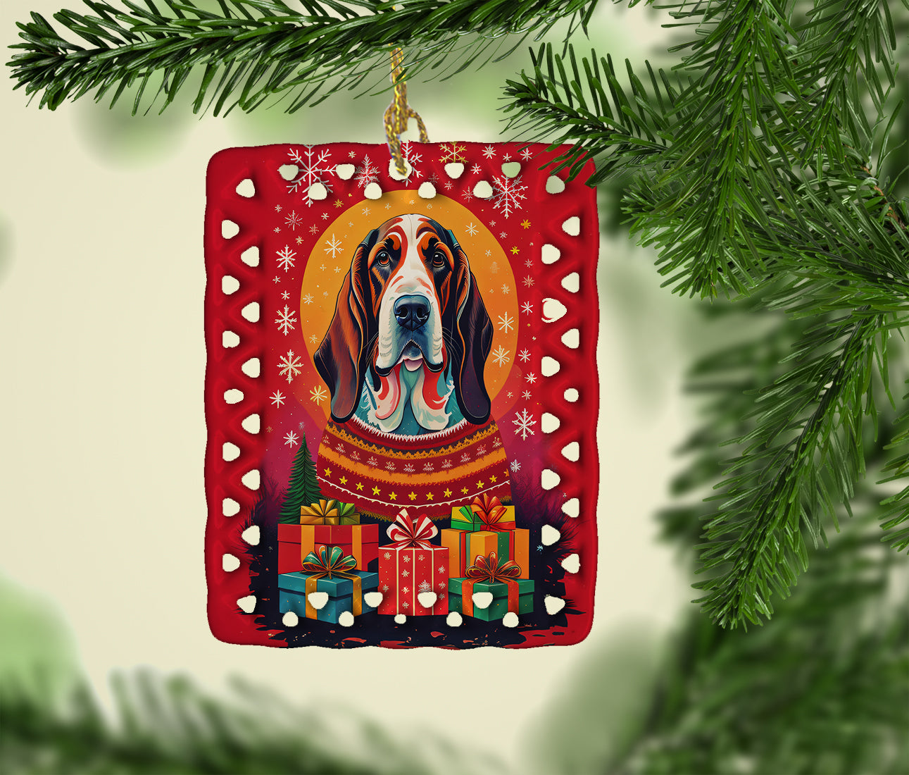 Basset Hound Holiday Christmas Porcelain Ornament