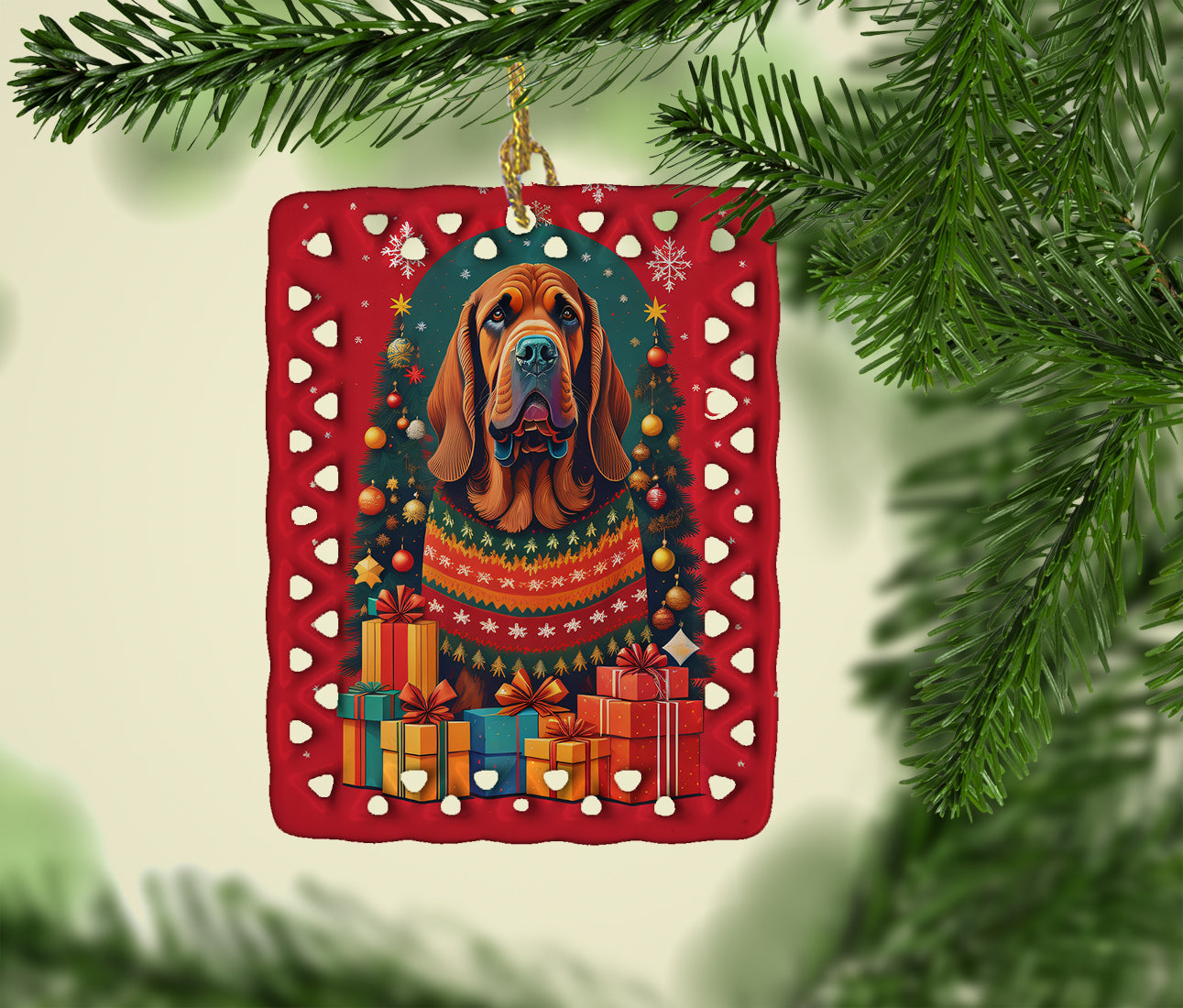 Bloodhound Holiday Christmas Porcelain Ornament