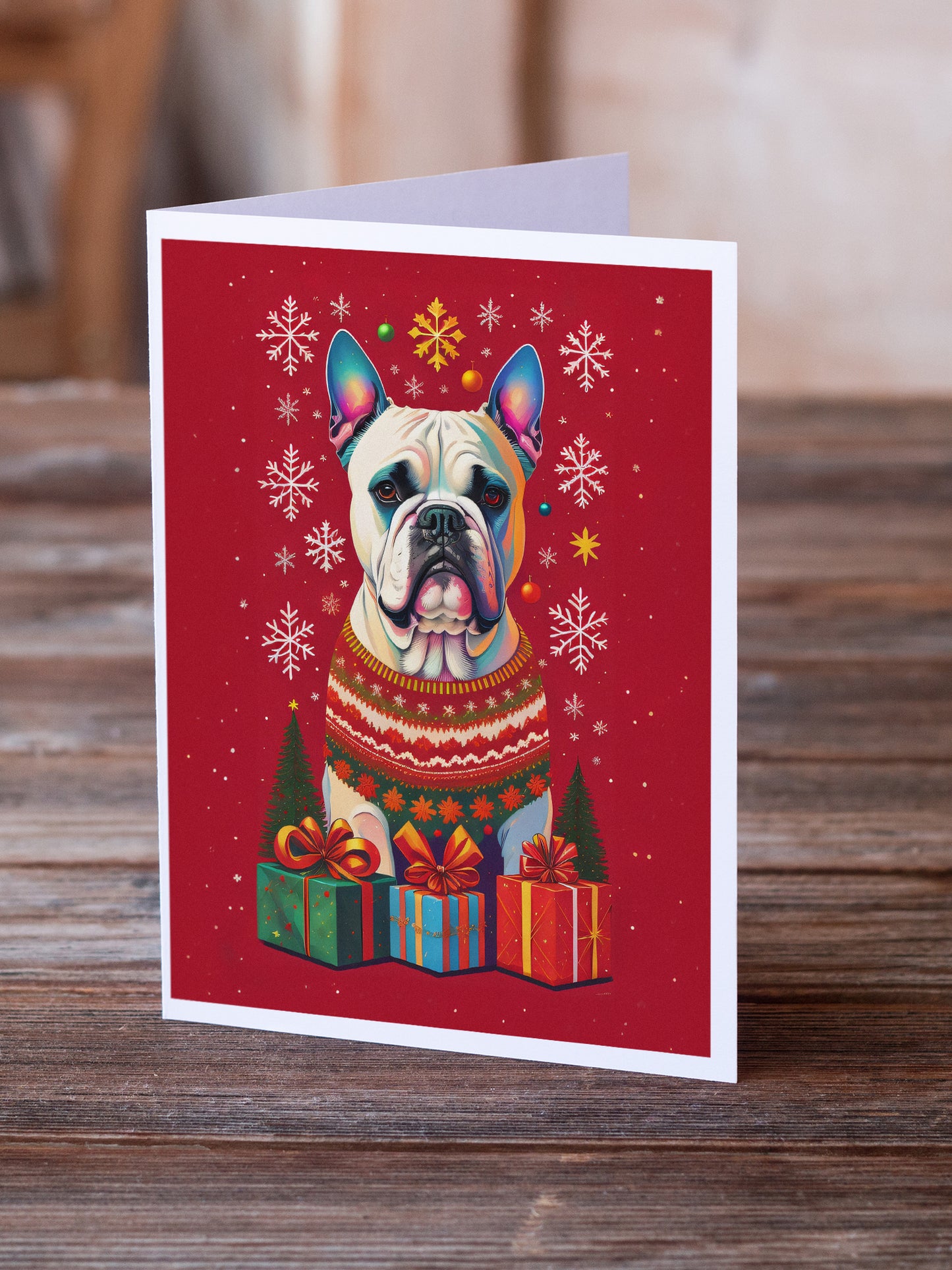 White Boxer Cropped Ears Holiday Christmas Greeting Cards Pack of 8