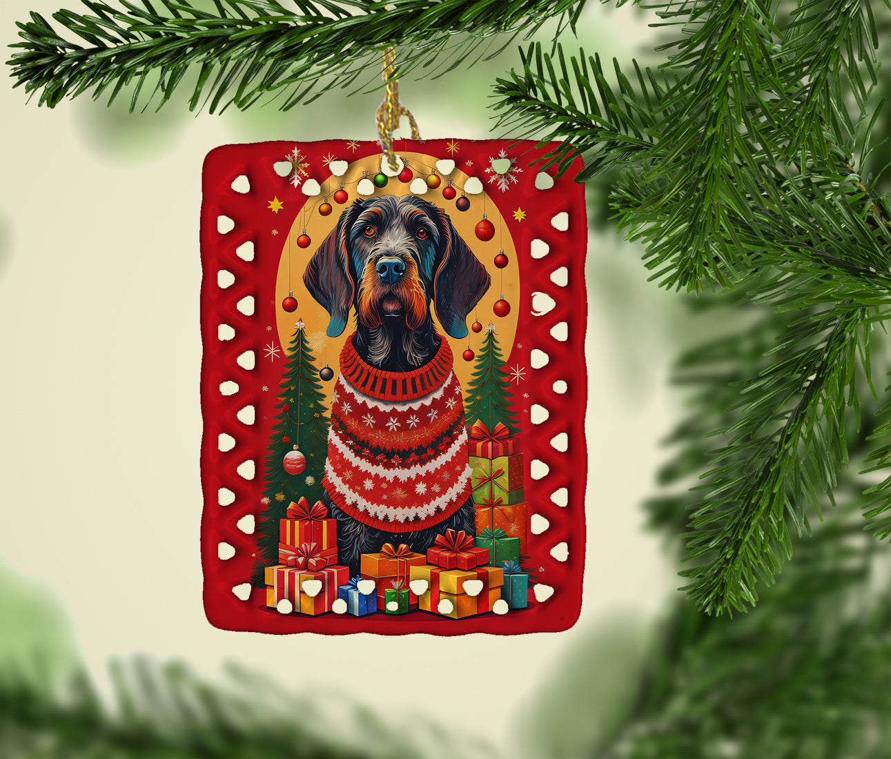 German Wirehaired Pointer Holiday Christmas Porcelain Ornament