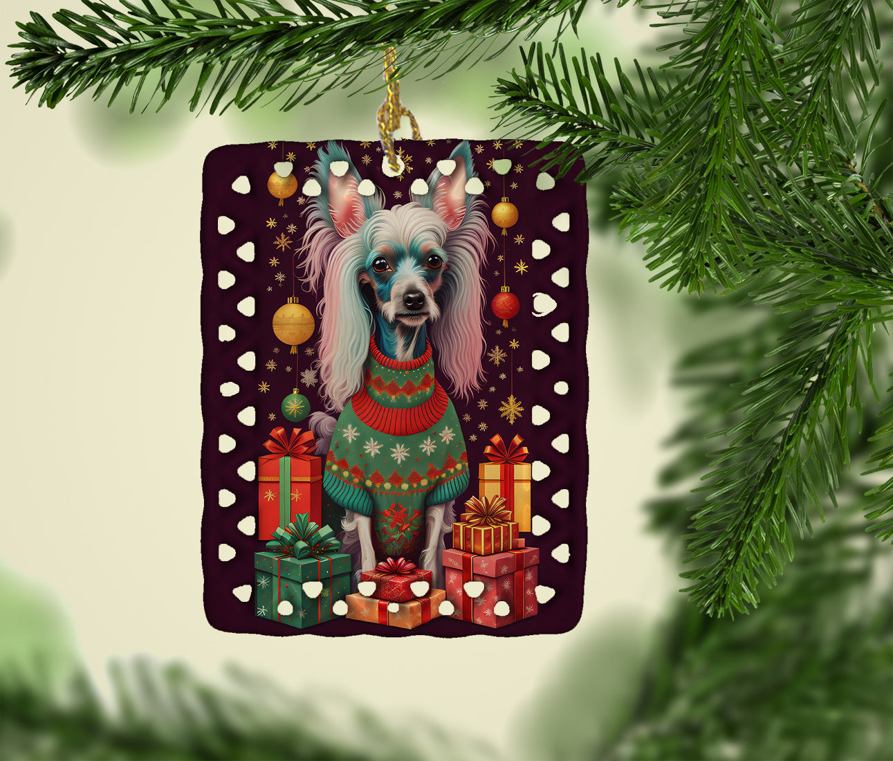 Chinese Crested Holiday Christmas Porcelain Ornament