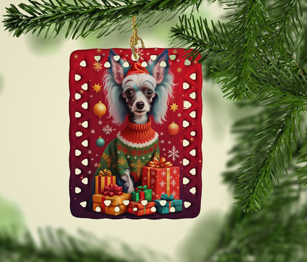 Chinese Crested Holiday Christmas Porcelain Ornament