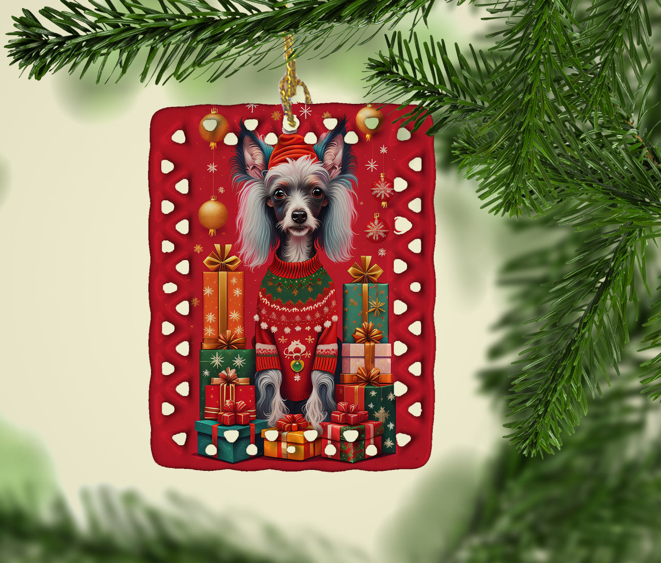 Chinese Crested Holiday Christmas Porcelain Ornament