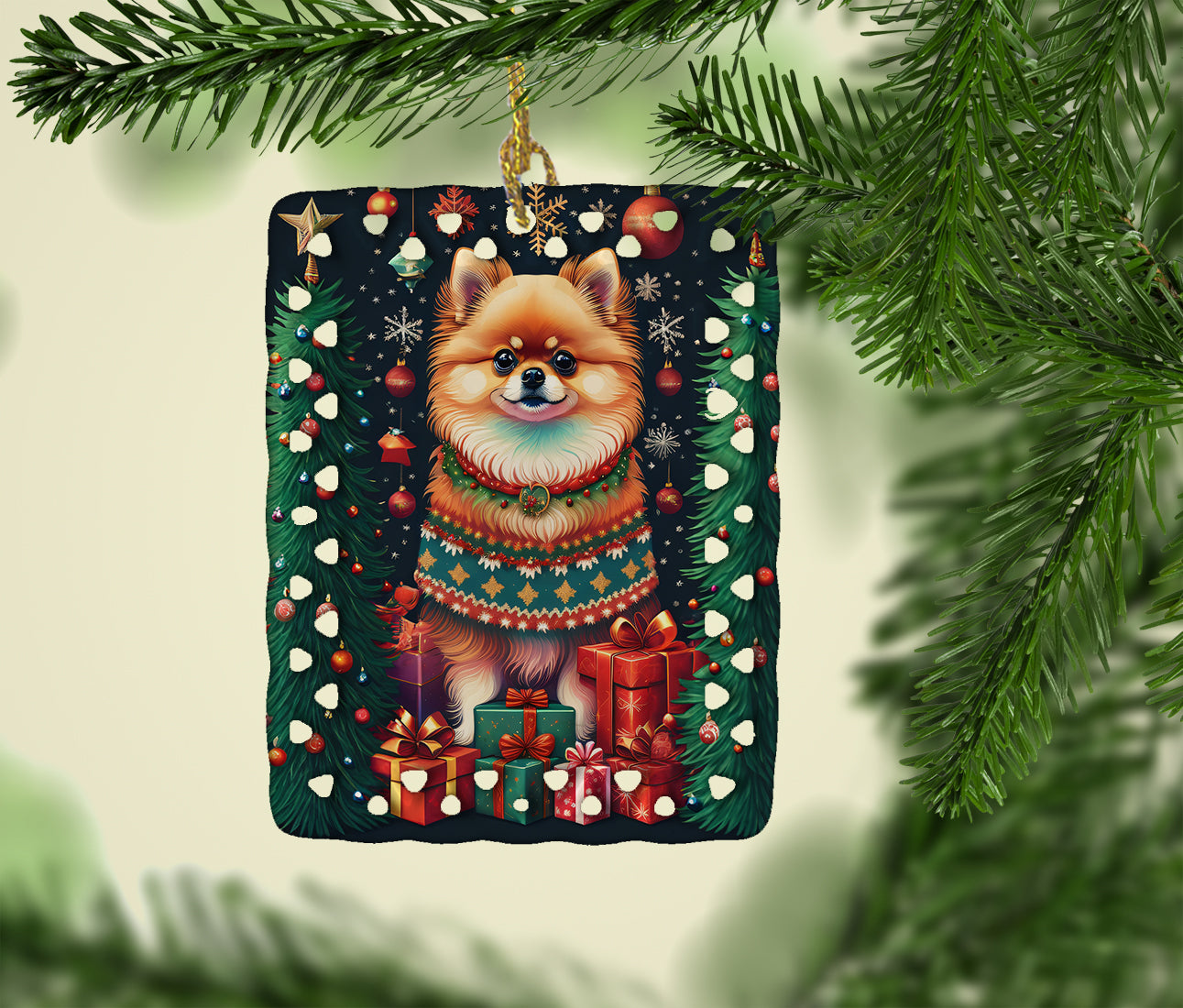 Pomeranian Holiday Christmas Porcelain Ornament