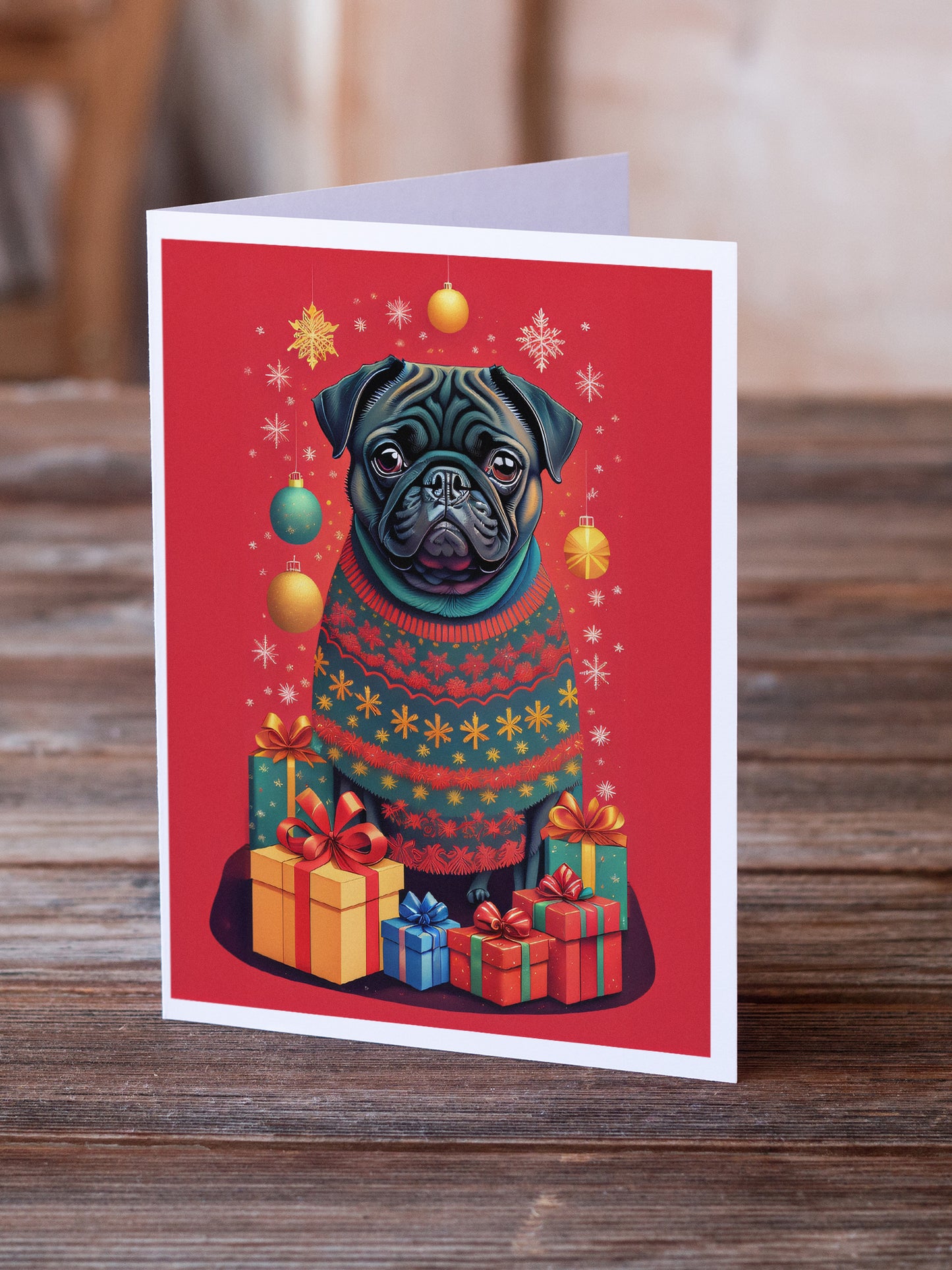 Black Pug Holiday Christmas Greeting Cards Pack of 8