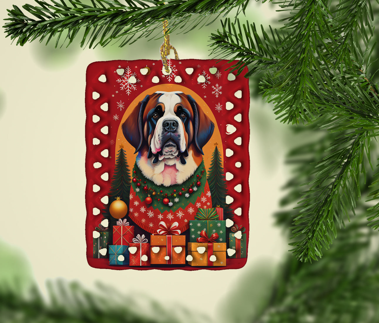 Saint Bernard Holiday Christmas Porcelain Ornament