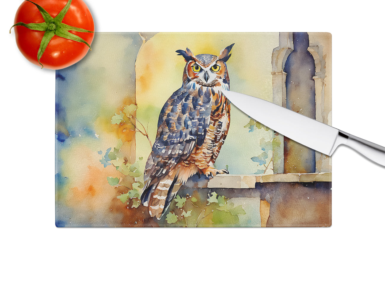 Great Horned Owl Glass Cutting Board