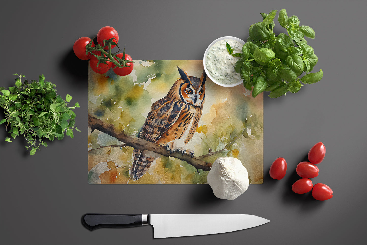 Long-Eared Owl Glass Cutting Board