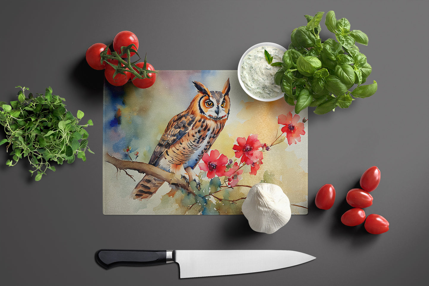 Long-Eared Owl Glass Cutting Board