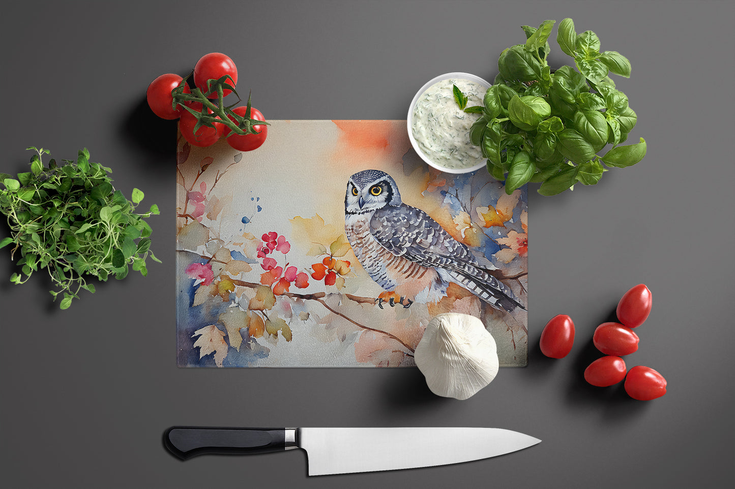 Northern Hawk Owl Glass Cutting Board