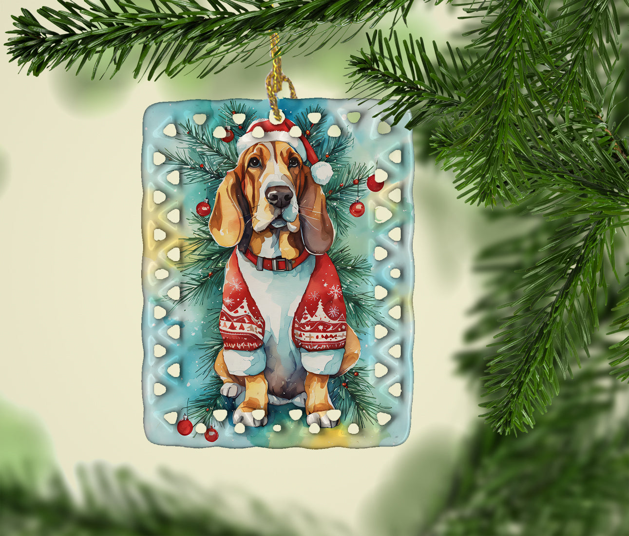 Basset Hound Christmas Porcelain Ornament