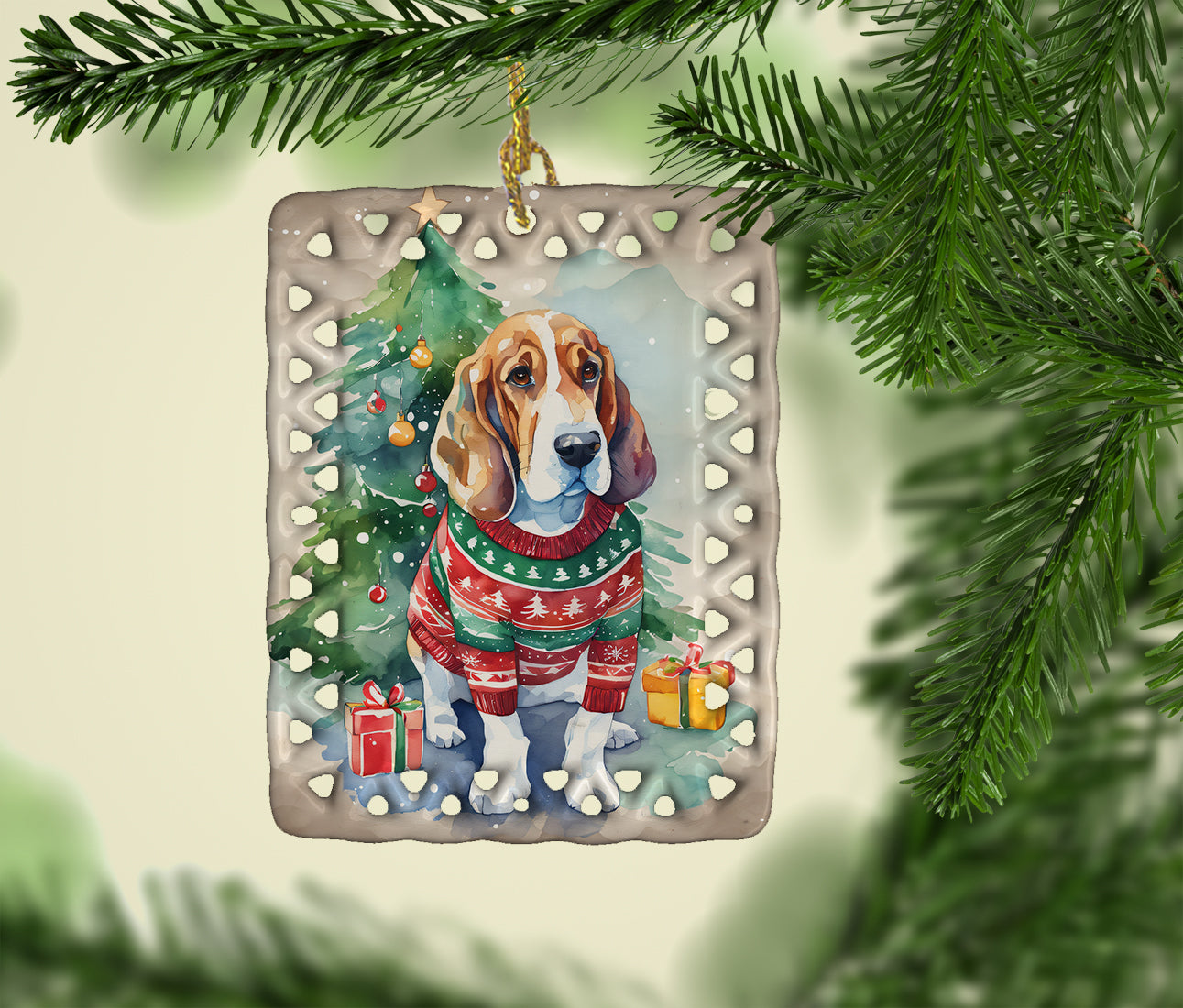 Basset Hound Christmas Porcelain Ornament