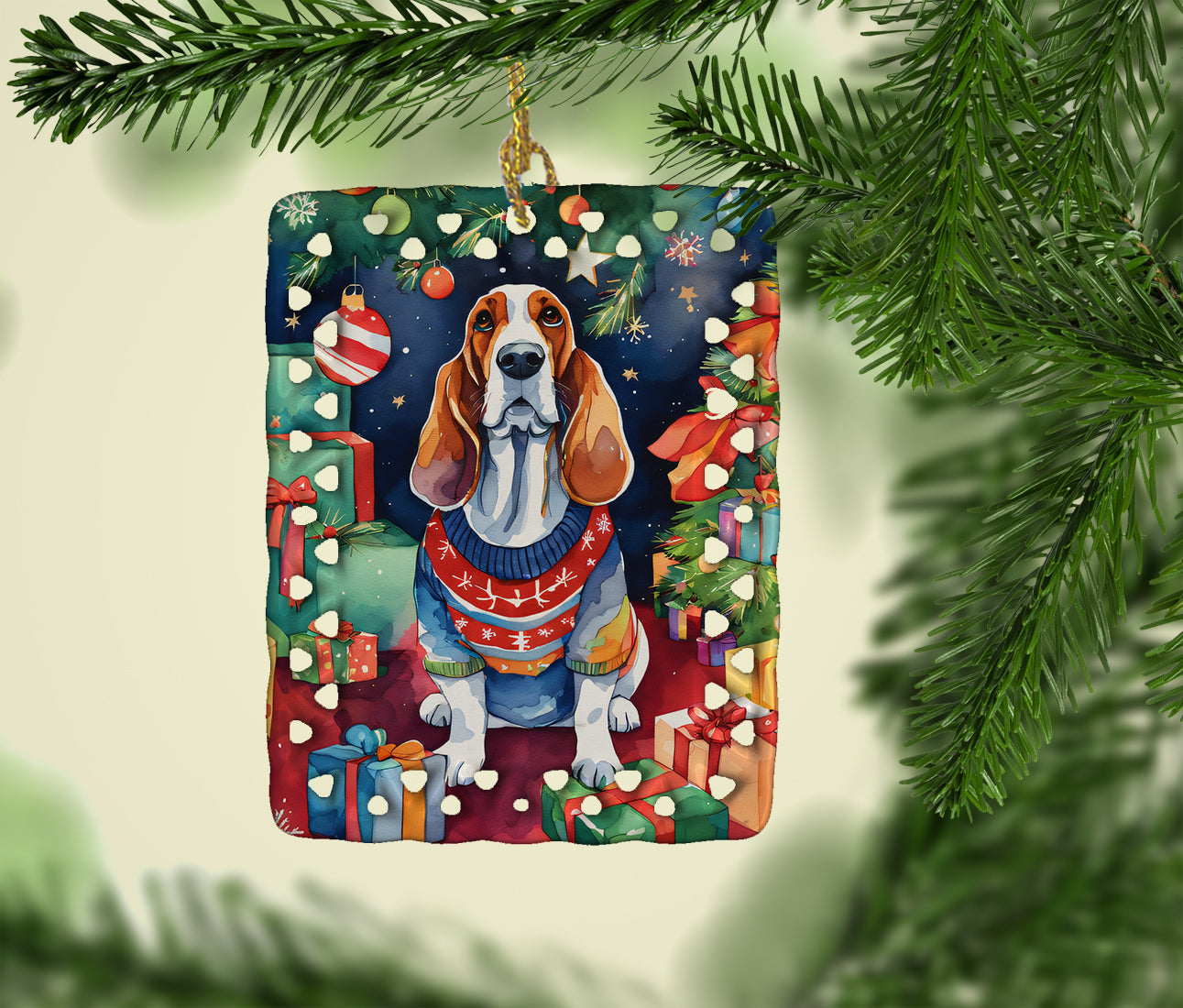 Basset Hound Christmas Porcelain Ornament