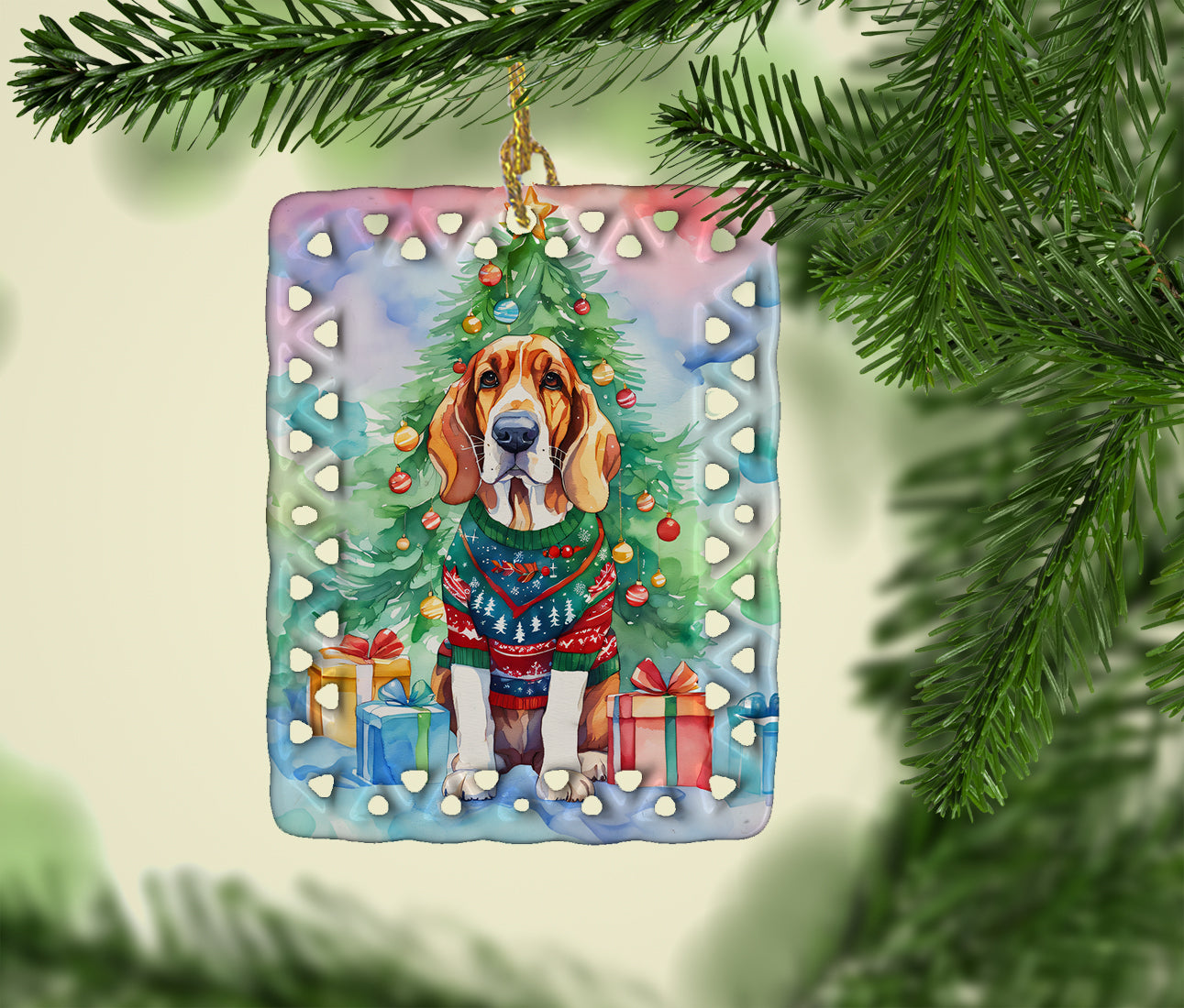 Basset Hound Christmas Porcelain Ornament