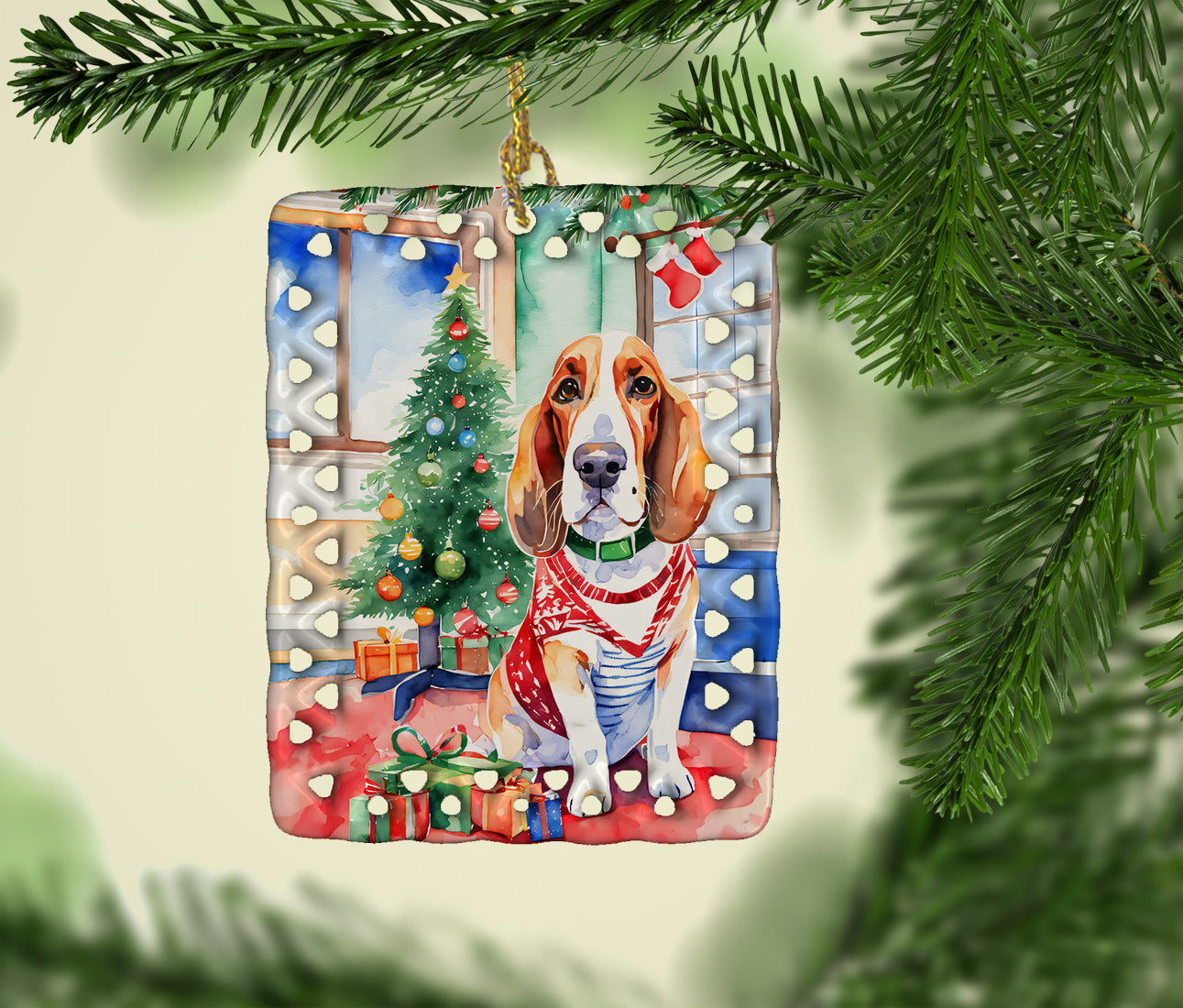 Basset Hound Christmas Porcelain Ornament