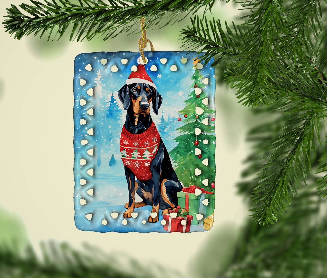 Black and Tan Coonhound Christmas Porcelain Ornament