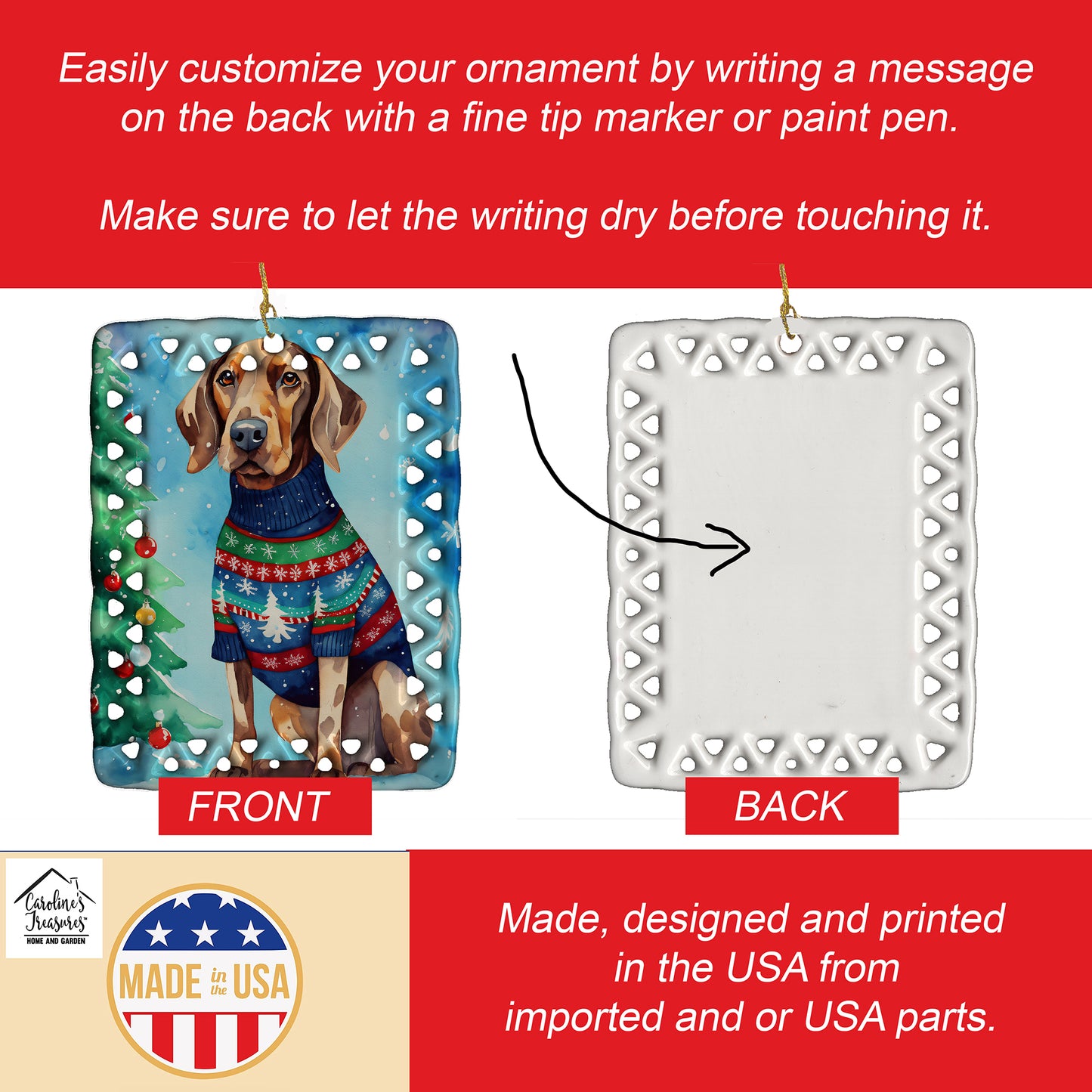 Coonhound Christmas Porcelain Ornament