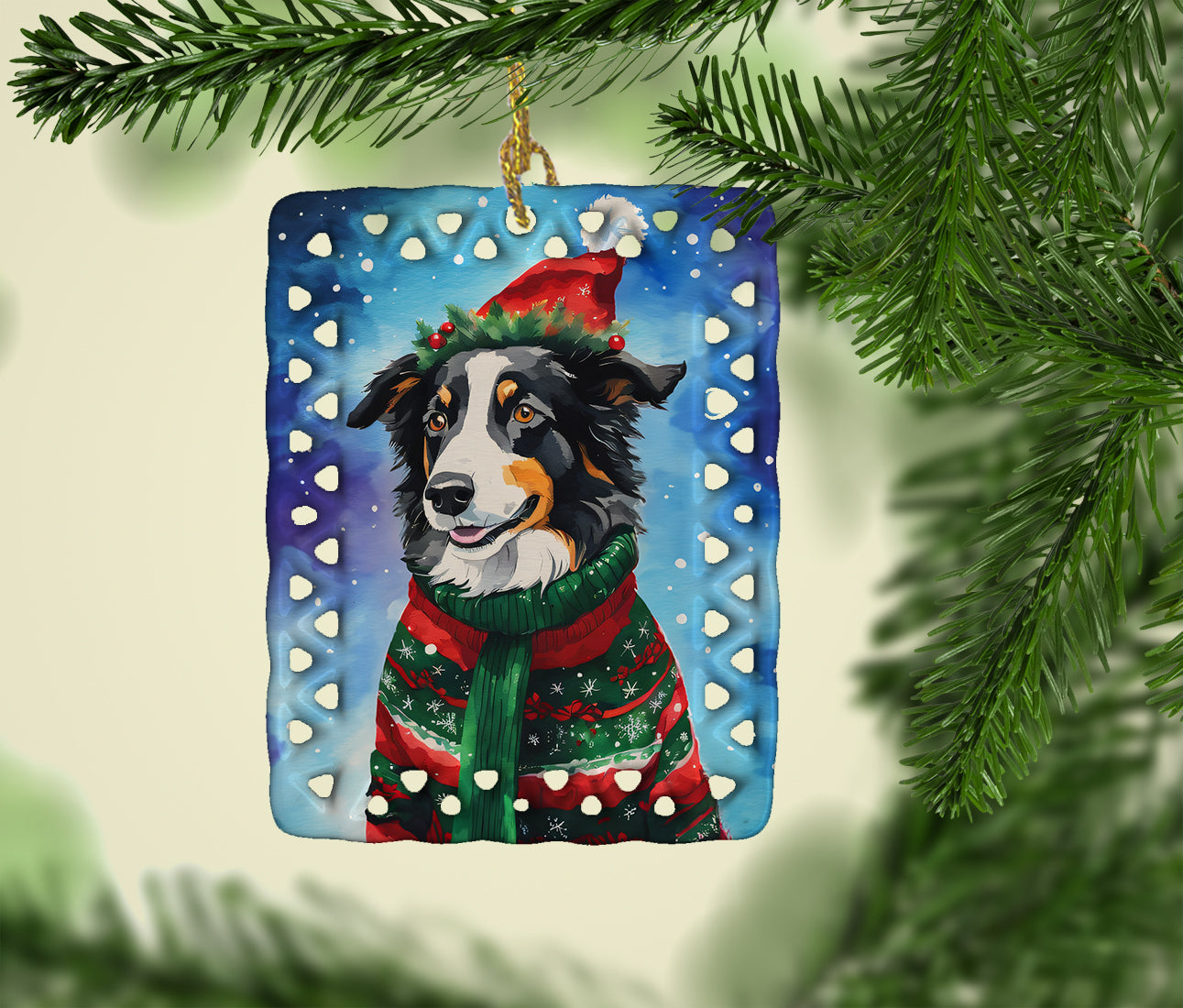 Border Collie Christmas Porcelain Ornament